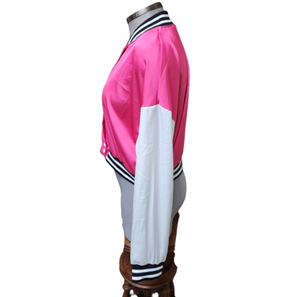 HOT PINK SATIN ☆ BASEBALL STYLE ☆ CROPPED LIGHTWEIGHT JACKET ☆ NWT - Picture 4 of 7